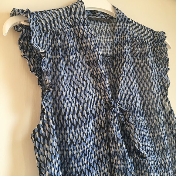 Sheer Blue Diamond Scale Bow Tie Up Ruffled Milk Maid Tank Top - Picture 6 of 14
